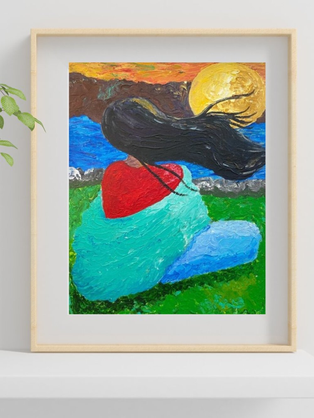 Abstract Woman in Wind looking at the Moon - Turquoise & Red Home Art Painting